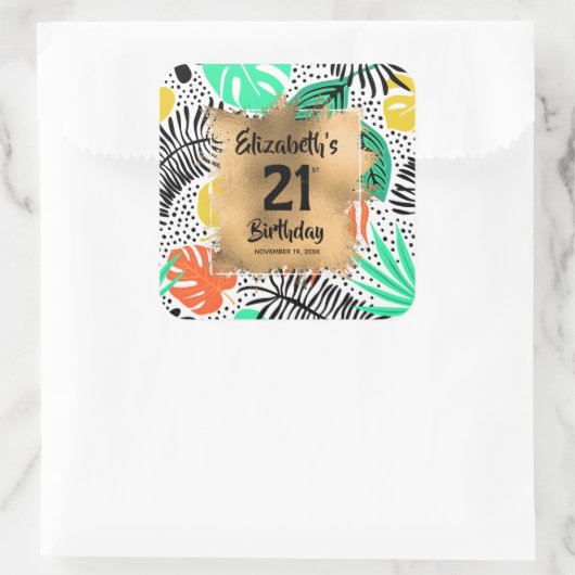 熱帯植物金ゴールド21歳パーソナライズされた誕生日 スクエアシール (バッグ)