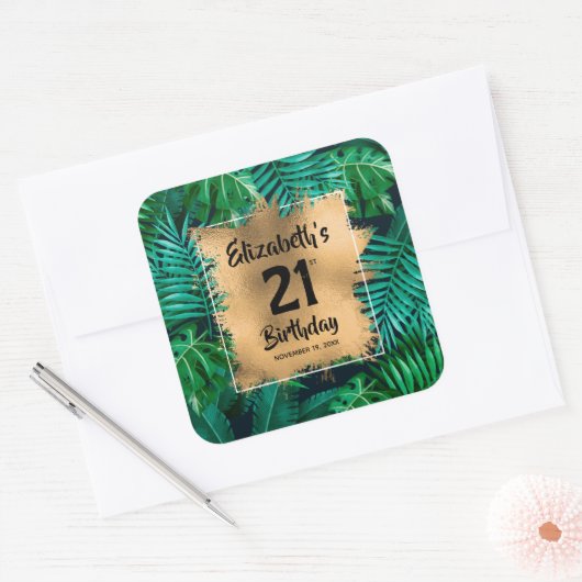 熱帯植物金ゴールド21歳パーソナライズされた誕生日 スクエアシール (封筒)