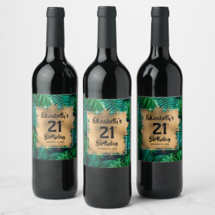 熱帯植物金ゴールド21歳パーソナライズされた誕生日 ワインラベル