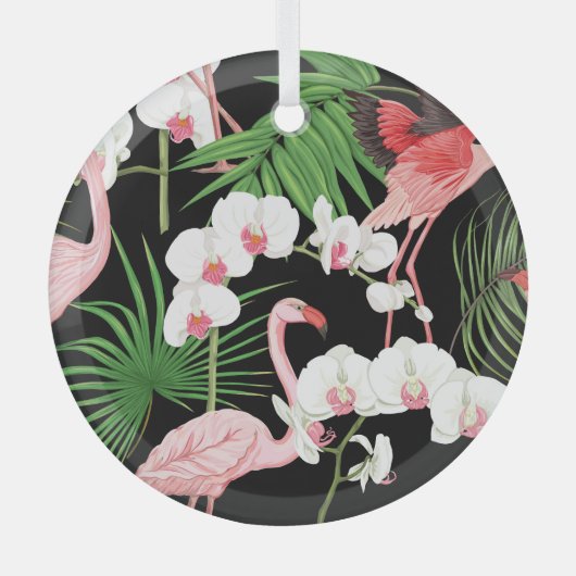 熱帯植物鳥色イラストレーション ガラスオーナメント (正面)