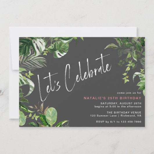 熱帯植物 |黒モダンい任意の年齢の誕生日 招待状 (正面)