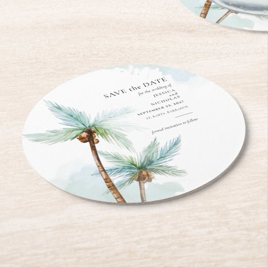 熱帯樹木水彩結婚式 ラウンドペーパーコースター (アングル)