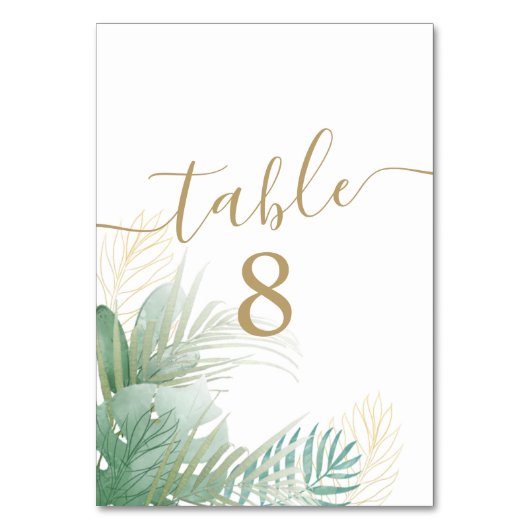 熱帯樹枝水色グリーン金ゴールド結婚ズ テーブルナンバー (裏面)