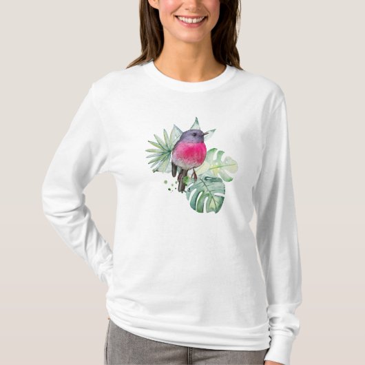 熱帯水彩ピンクロビン離れ Tシャツ (正面)