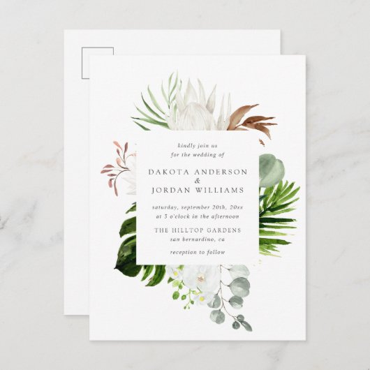 熱帯水彩画のユーカリの緑の草木の結婚式 インビテーションポストカード (正面/裏面)
