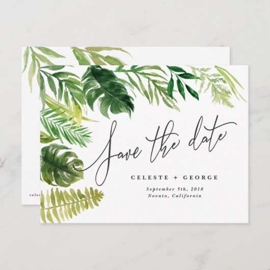 熱帯水彩画の群葉の保存日付 案内ポストカード (正面/裏面)