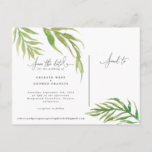 熱帯水彩画の群葉の保存日付 案内ポストカード (裏面)