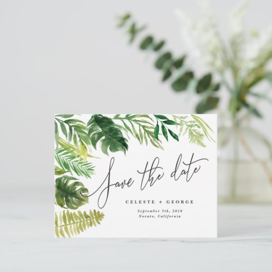 熱帯水彩画の群葉の保存日付 案内ポストカード (スタンド正面)