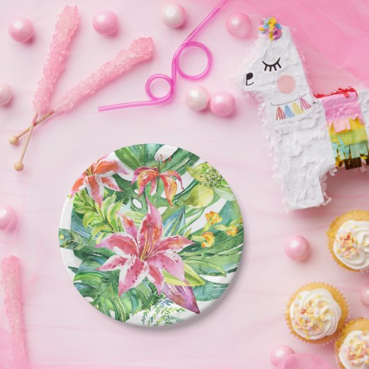 熱帯水彩画の花のルアウ(ハワイ式宴会)の夏のビーチ ペーパープレート (パーティー)