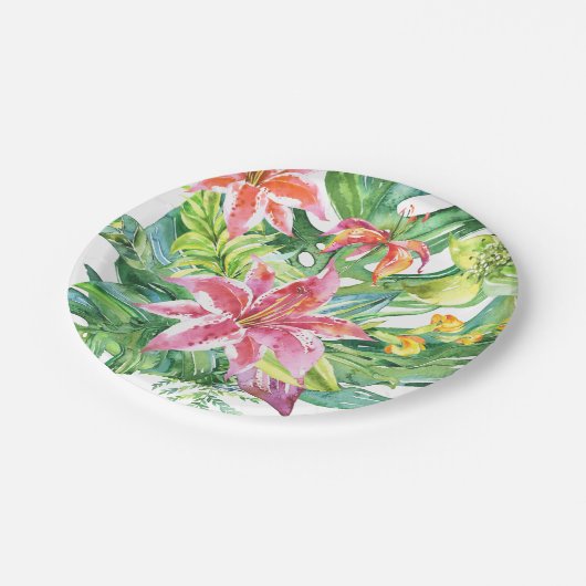 熱帯水彩画の花のルアウ(ハワイ式宴会)の夏のビーチ ペーパープレート (アングル)