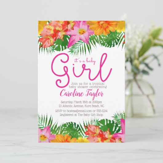 熱帯水彩画の花の女の赤ちゃんのシャワー 招待状 (スタンド正面)