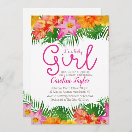 熱帯水彩画の花の女の赤ちゃんのシャワー 招待状 (正面/裏面)