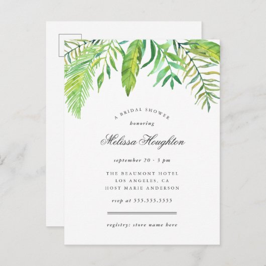 熱帯水彩画は夏のブライダルシャワーを去ります インビテーションポストカード (正面/裏面)