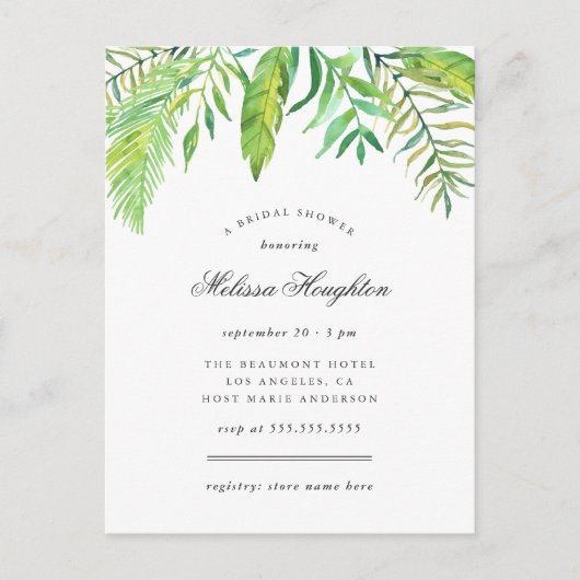 熱帯水彩画は夏のブライダルシャワーを去ります インビテーションポストカード (正面)