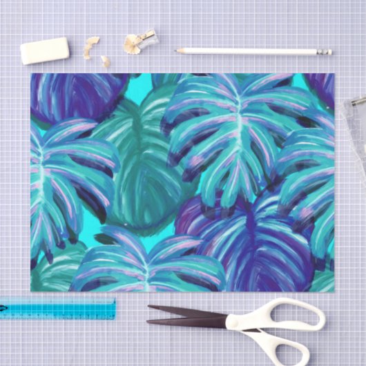 熱帯水彩画は青緑の紫色を去ります 薄葉紙 (クラフト)