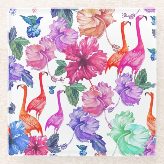 熱帯水彩画パターン ガラスコースター (正面)