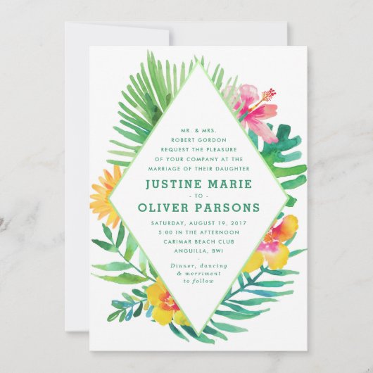 熱帯水彩葉結婚式招待状 招待状 (正面)