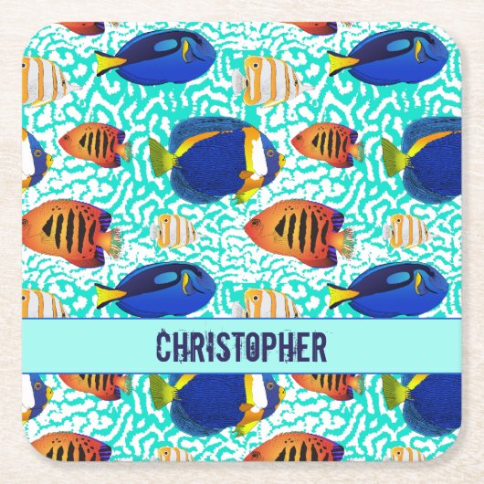 熱帯水族館リーフフィッシュデザイン スクエアペーパーコースター (正面)