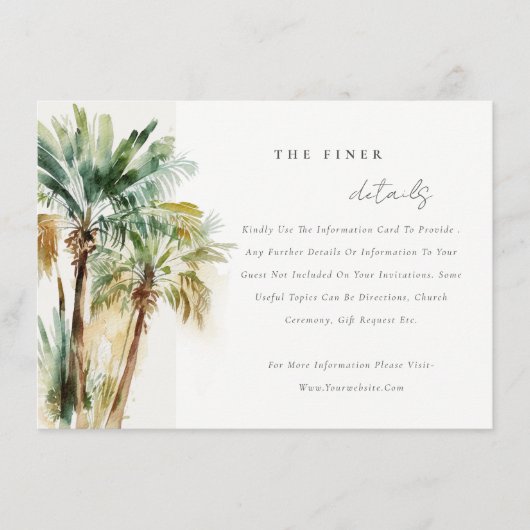 熱帯水色のヤシの木結婚の詳細 エンクロージャーカード (正面)