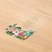 熱帯水色の花と緑結婚の アクリル招待状 (レイダウン)