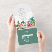 熱帯水色の花と緑結婚の オールインワン招待状 (貼ってはがせる)