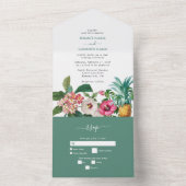 熱帯水色の花と緑結婚の オールインワン招待状 (内側)
