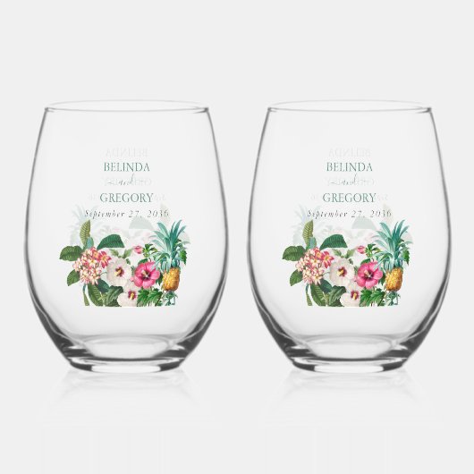 熱帯水色の花と緑結婚の ステムなしワイングラス (裏面)