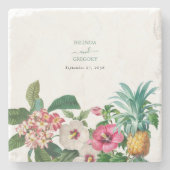 熱帯水色の花と緑結婚の ストーンコースター (正面)