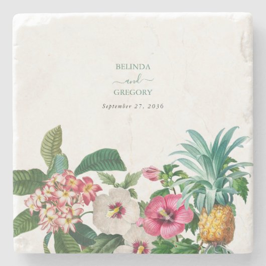 熱帯水色の花と緑結婚の ストーンコースター (正面)