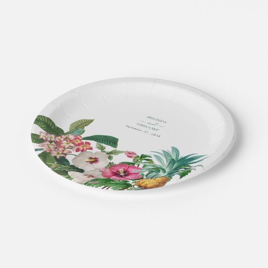 熱帯水色の花と緑結婚の ペーパープレート (アングル)