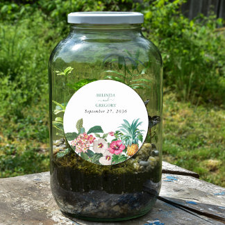 熱帯水色の花と緑結婚の ラウンドシール