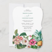 熱帯水色の花と緑結婚の 招待状 (正面)