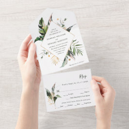 熱帯水色の葉の緑結婚 オールインワン招待状