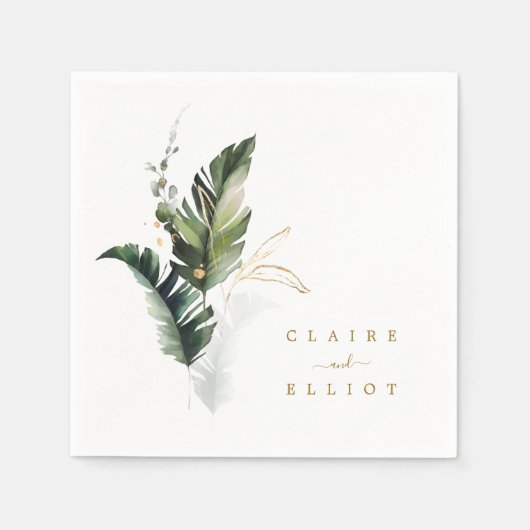 熱帯水色の葉の金ゴールド結婚ズ スタンダードカクテルナプキン (正面)