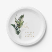 熱帯水色の葉の金ゴールド結婚ズ ペーパープレート (正面)