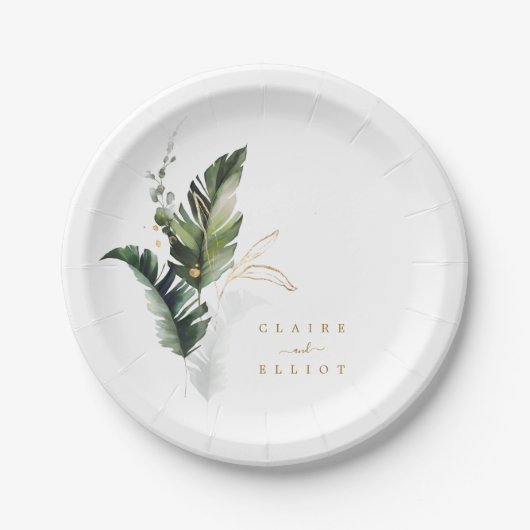 熱帯水色の葉の金ゴールド結婚ズ ペーパープレート (正面)