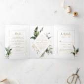 熱帯水色の葉金ゴールド結婚枠 三つ折り招待状 (内部)