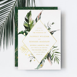 熱帯水色の葉金ゴールド結婚枠 箔招待状