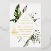 熱帯水色の葉金ゴールド結婚枠 箔招待状 (正面)