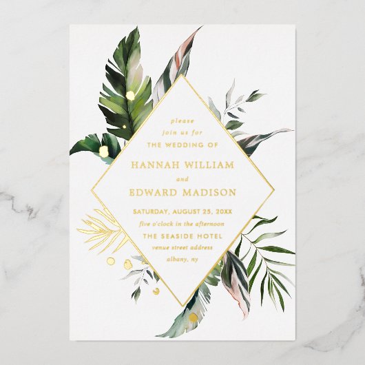 熱帯水色の葉金ゴールド結婚枠 箔招待状 (正面)