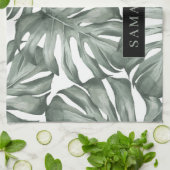 熱帯水色オアシスモダンパタ葉ーン キッチンタオル (折り畳み)