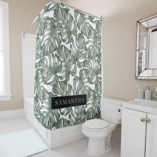 熱帯水色オアシスモダンパタ葉ーン シャワーカーテン (インサイチュ)