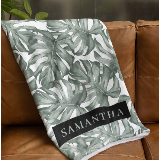 熱帯水色オアシスモダンパタ葉ーン フリースブランケット