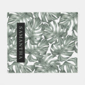 熱帯水色オアシスモダンパタ葉ーン フリースブランケット (正面(横))