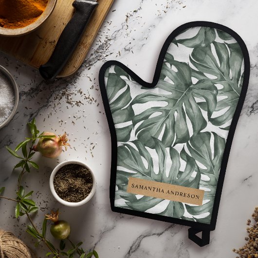 熱帯水色オアシスモダンパタ葉ーン 鍋つかみ&鍋敷きセット