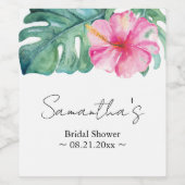 熱帯水色テーマピンクハイビスカスフラワー ワインラベル (シングルラベル)