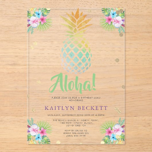 熱帯水色パイナップル誕生日ルアウ（ハワイ式宴会） アクリル招待状 (正面)