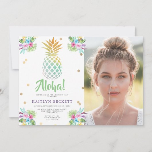 熱帯水色パイナップル誕生日写真ルアウ（ハワイ式宴会） 招待状 (正面)