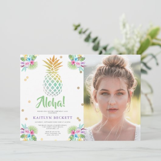 熱帯水色パイナップル誕生日写真ルアウ(ハワイ式宴会) 招待状 (スタンド正面)