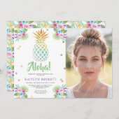 熱帯水色パイナップル誕生日写真ルアウ（ハワイ式宴会） 招待状 (正面/裏面)